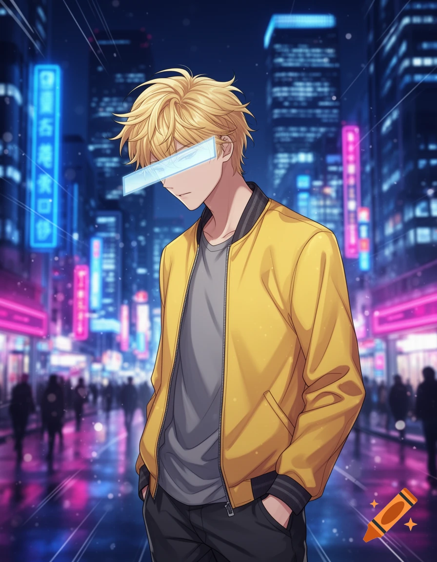 Anime blonde teen with a censor over his eyes, wearing a yellow jacket, stands in a neon-lit cyberpunk city at night.
