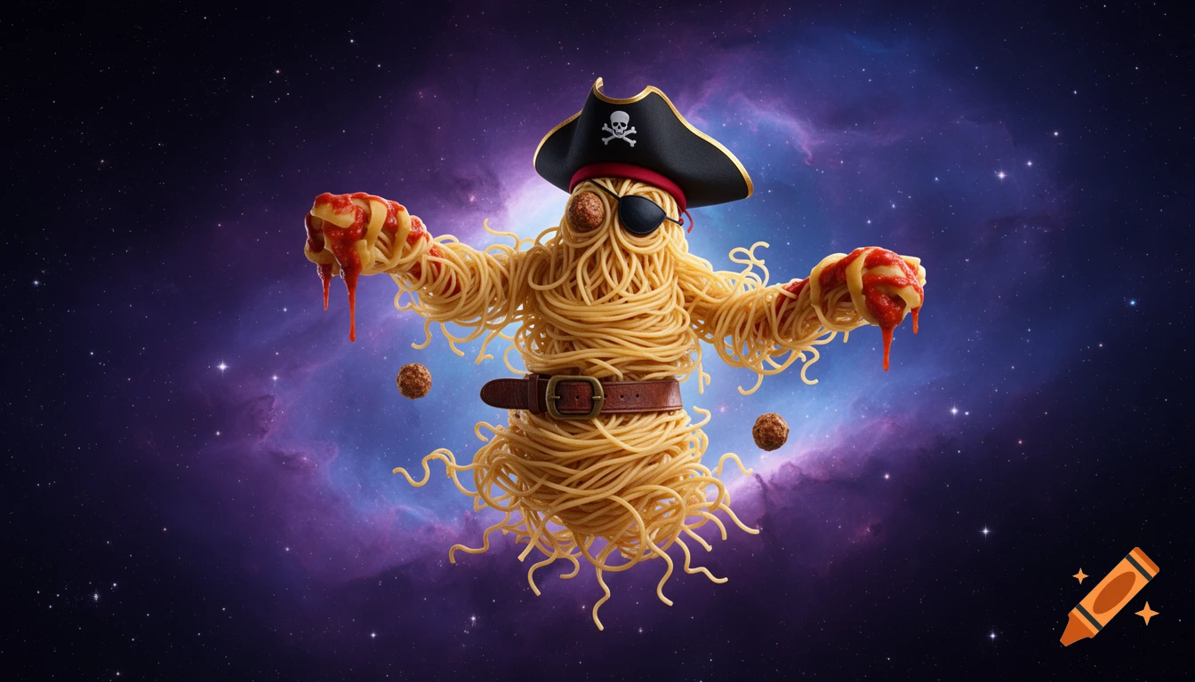 A photorealistic Flying Spaghetti Monster, made of golden pasta with meatball eyes, wearing a pirate hat and eyepatch, floats in a purple and blue nebula in space.