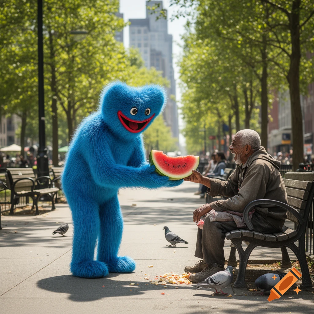 A blue furry monster, Huggy Wuggy, offers a slice of watermelon to an elderly man sitting on a bench in a sunny city park.