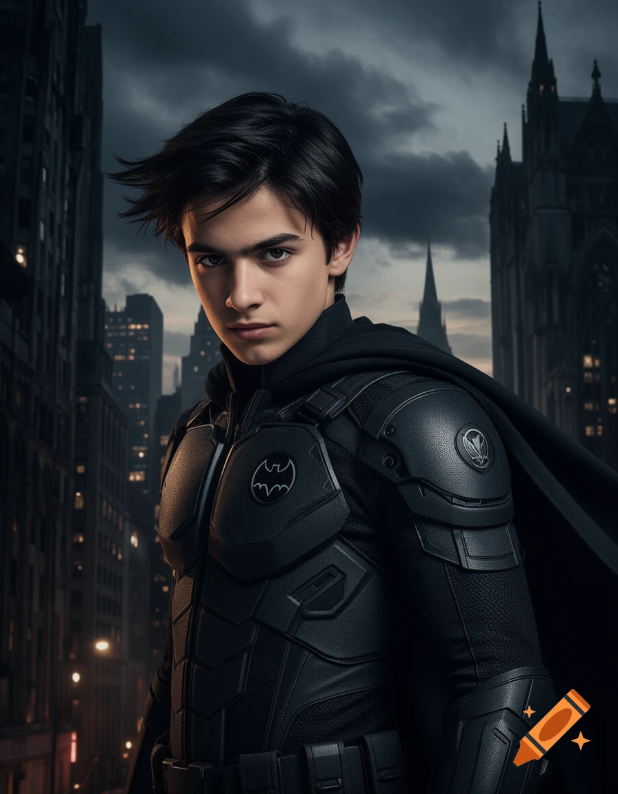 Photorealistic portrait of a young Damian Wayne in a dark, armored Batman-like suit against a gothic city skyline at dusk.