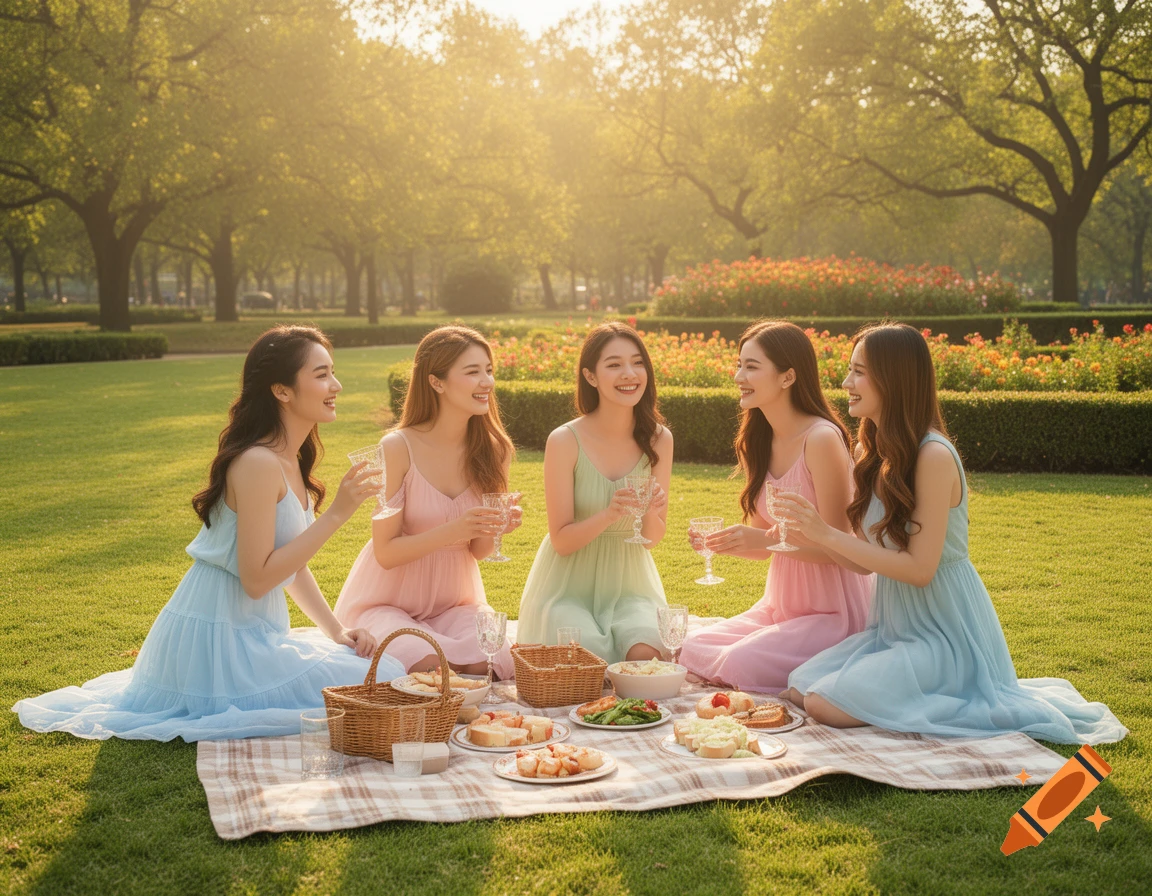 Five women in pastel dresses enjoy a sunny picnic on a plaid blanket in a lush green park, holding glasses and smiling.