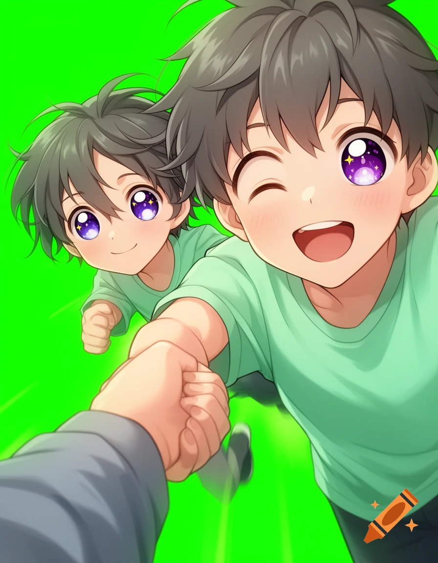 Close-up of two anime boys in a dynamic pose against a neon green background, one winking and holding hands with a third person in the foreground.