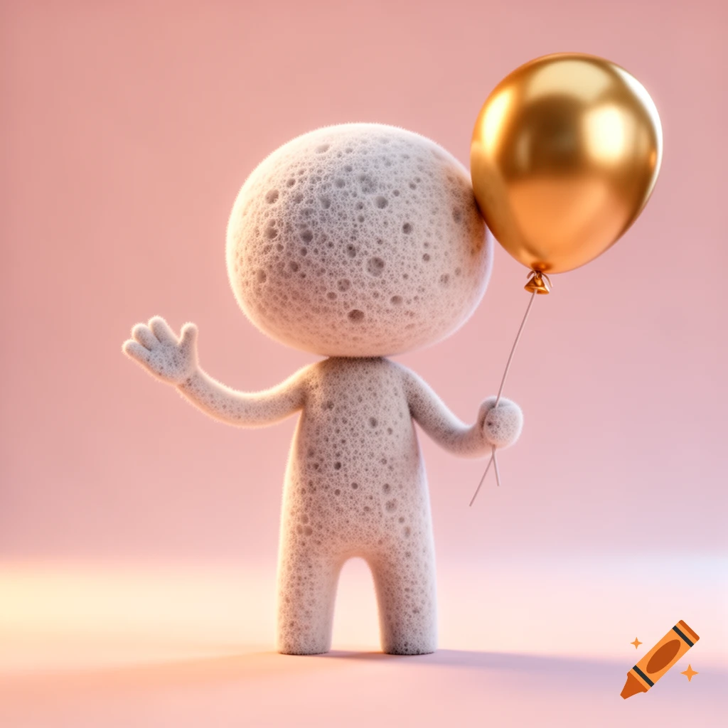 A cute, minimalist, spongy white 3D character waves hello while holding a golden balloon against a pastel pink background.
