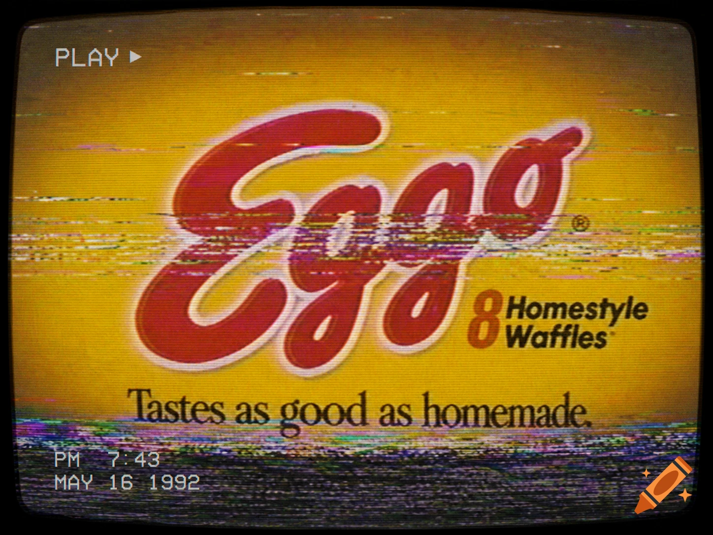 Eggo waffles logo and slogan displayed on a grainy TV screen with heavy VHS tracking issues, showing a retro ad.
