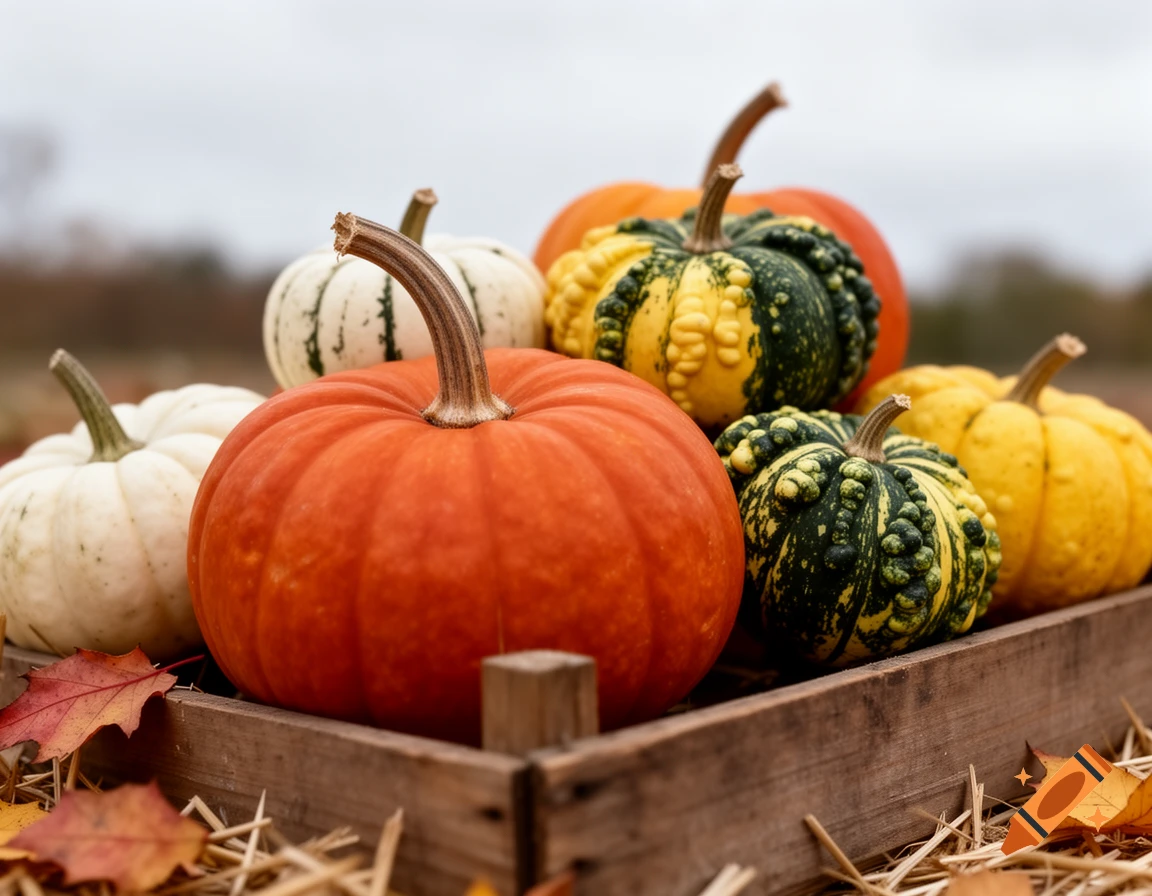 A close-up shot of various colorful pumpkins and gourds in a rustic wooden crate, surrounded by fallen autumn leaves and straw.