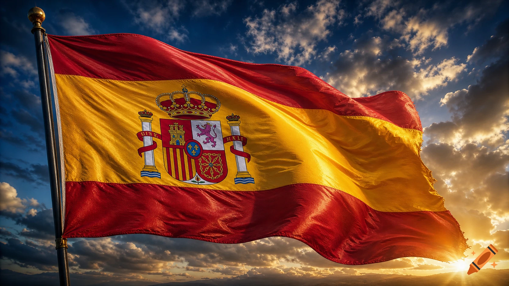 Photorealistic Spanish flag waving against a dramatic sunset sky.