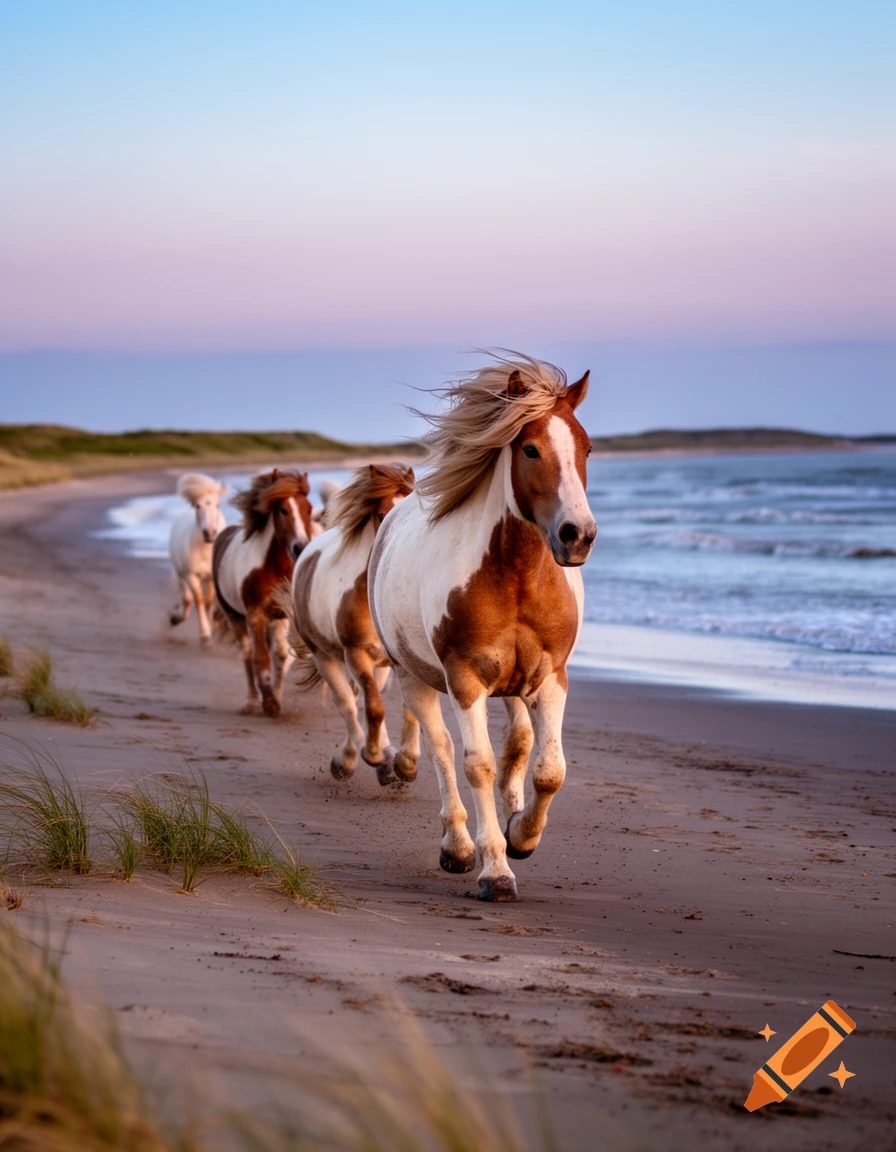 Several brown and white horses with flowing manes gallop along a sandy beach with ocean waves under a pastel sky.