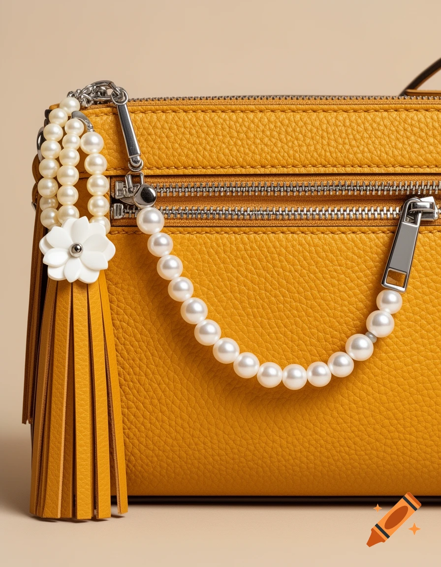 Photorealistic close-up of a mustard-yellow leather bag with pearl strands, a white flower charm, and yellow tassels.