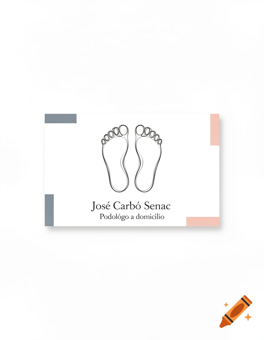 Minimalist business card with two foot outlines, text 'Jos Hos Carb Senac Pod Holog a domicilio', and grey and pink corner accents.