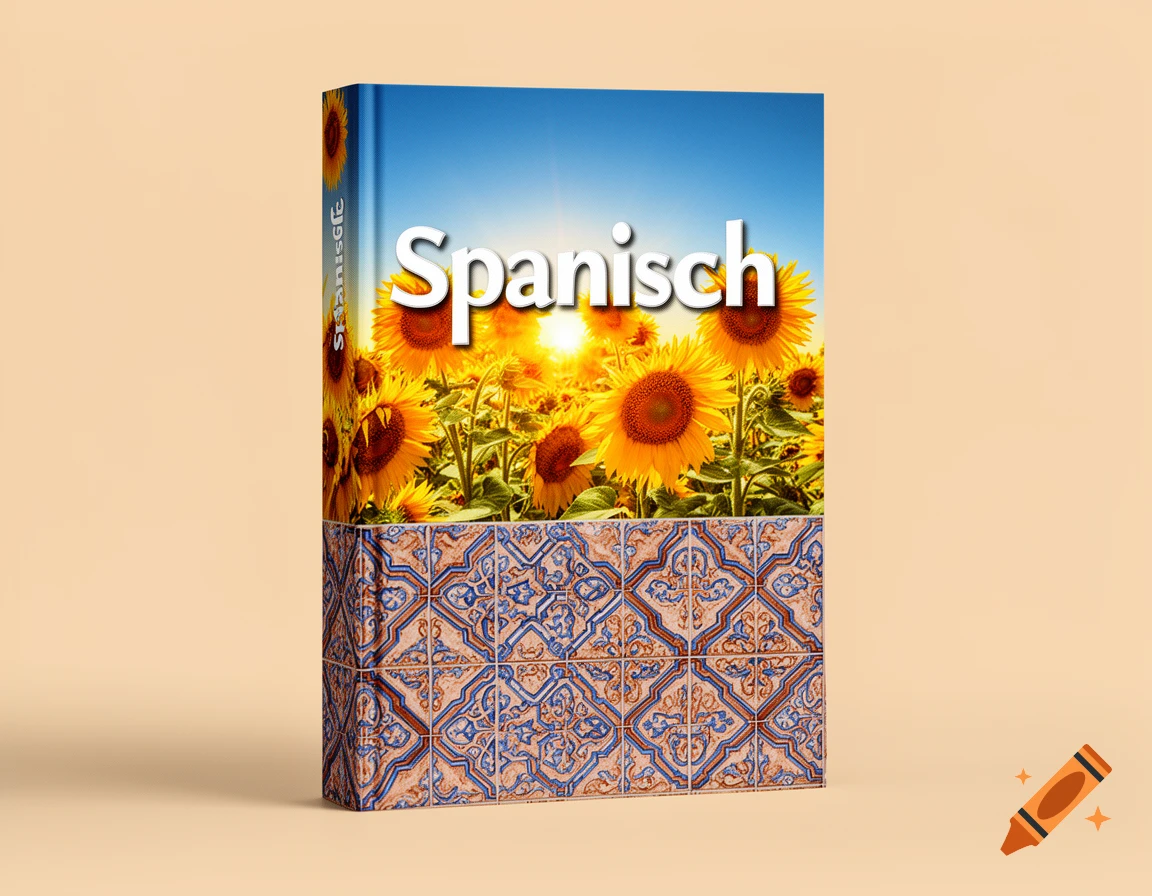 A Spanish language textbook cover featuring a field of sunflowers under a bright blue sky, with the lower half depicting a pattern of blue and orange tiles.