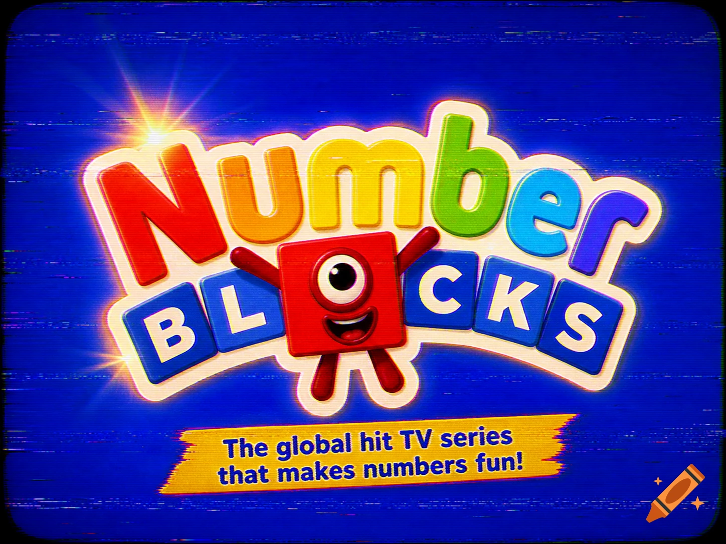 Colorful 'Numberblocks' logo featuring a red block character, with 'The global hit TV series that makes numbers fun!' text on a blue background with a VHS effect.