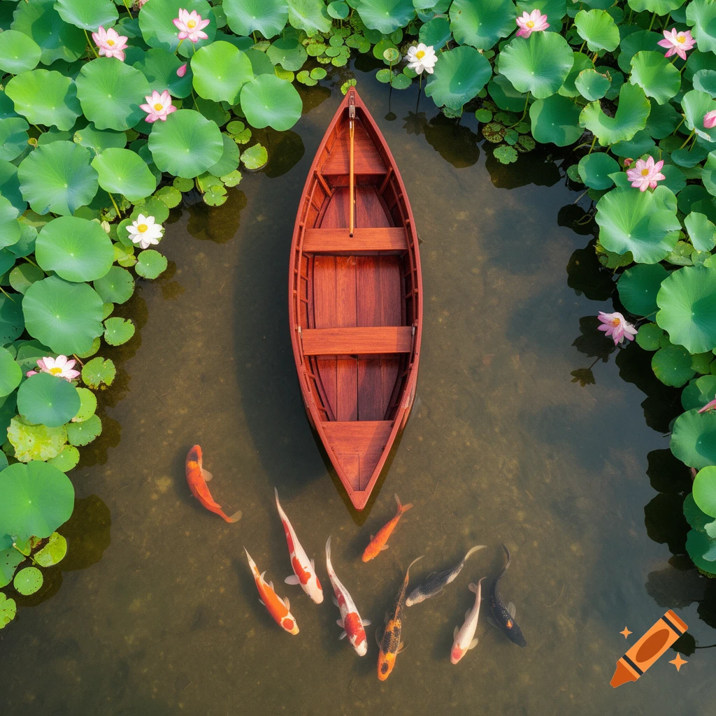 Overhead view of a wooden boat on a pond surrounded by lotus plants with pink and white flowers, with colorful koi fish swimming below.