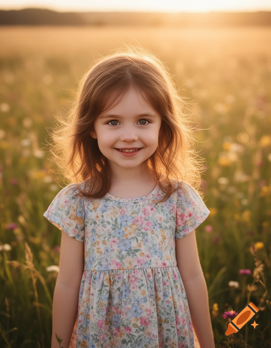Smiling young girl with long brown hair in a floral dress, standing in a sunlit field with wildflowers. Photorealistic style.