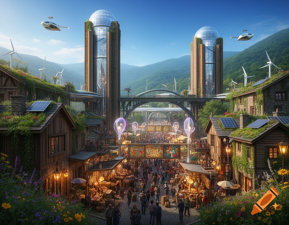 A bustling futuristic market in a fantastical Appalachian city with rustic buildings, modern towers, solar panels, wind turbines, and flying vehicles.