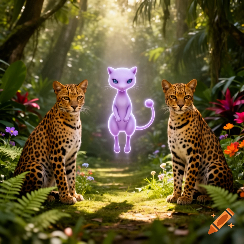 A glowing purple Mew floats between two realistic leopards in a lush jungle with sunlight filtering through trees.
