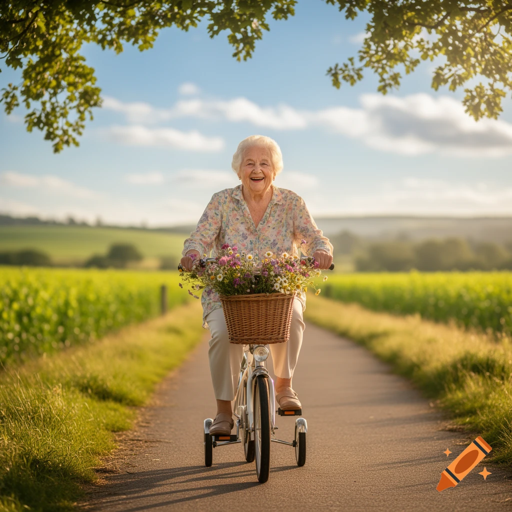 A happy elderly woman rides a tricycle with a flower basket down a sunlit country road.