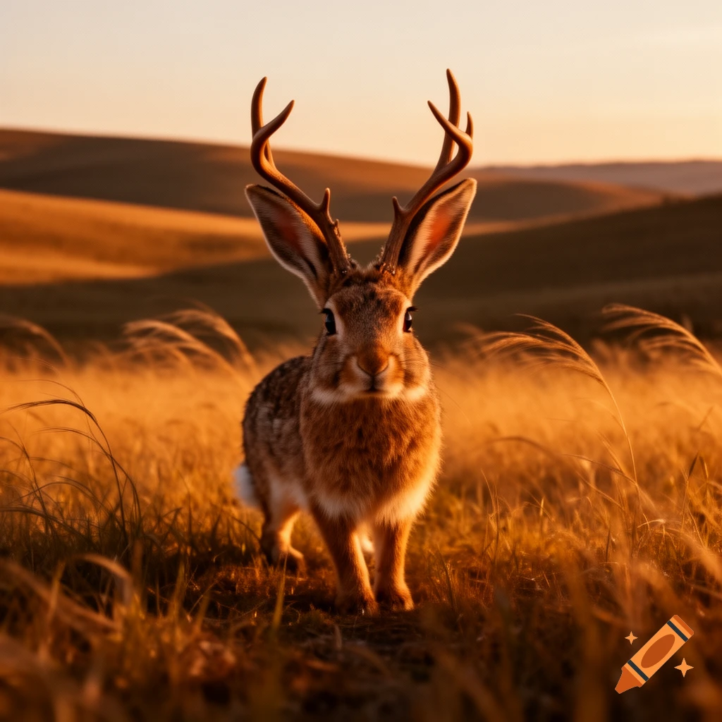 A photorealistic jackalope with antlers stands in a golden grassy field at sunset.