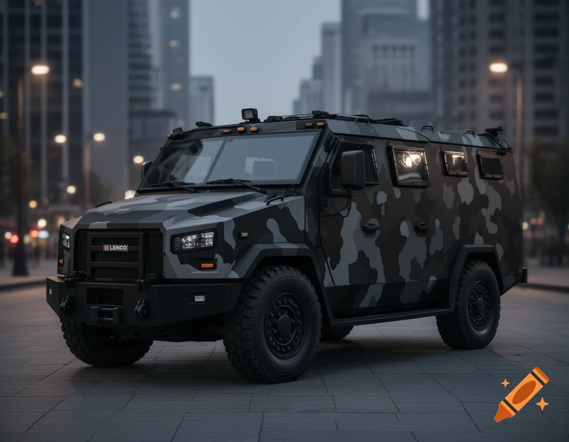 Photorealistic black and gray camouflage Lenco BearCat armored SWAT van on a city street with buildings.