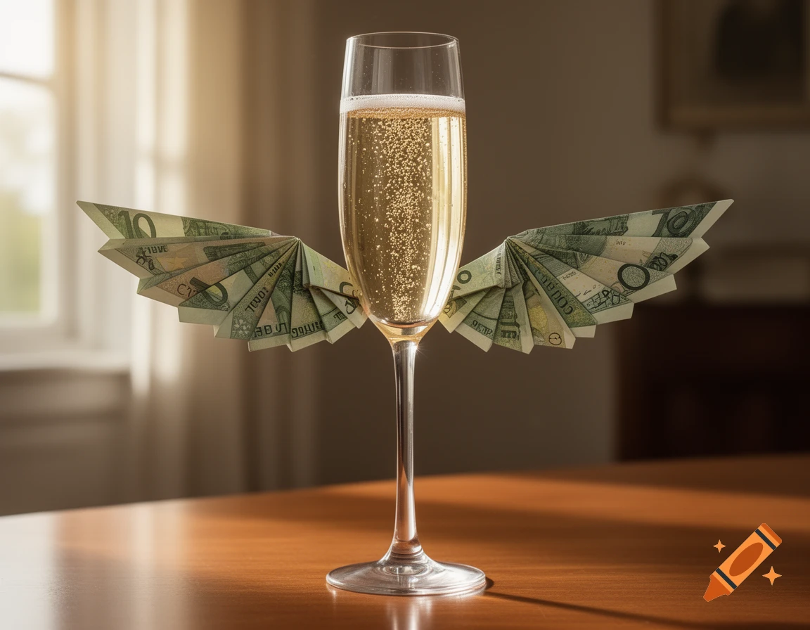 A champagne flute filled with golden bubbly liquid, with banknotes folded into wings attached to its stem, on a wooden table.