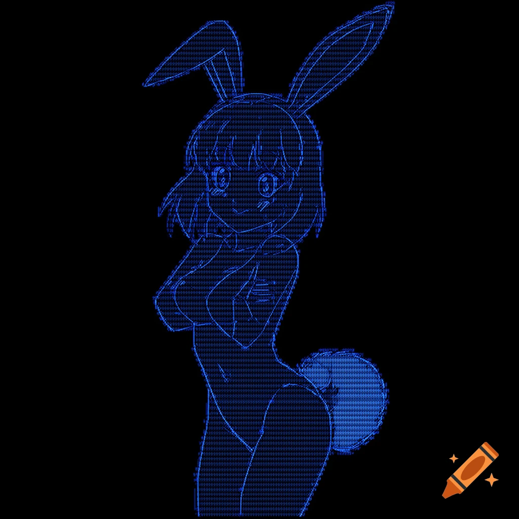 Blue ASCII art illustration of an anime bunny girl with long ears and a fluffy tail, on a black background.