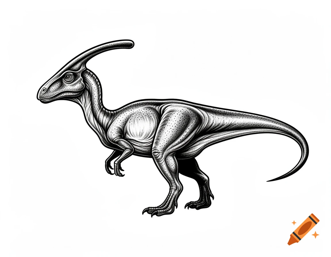 A black and white illustrative drawing of a parasaurolophus dinosaur standing on a white background.