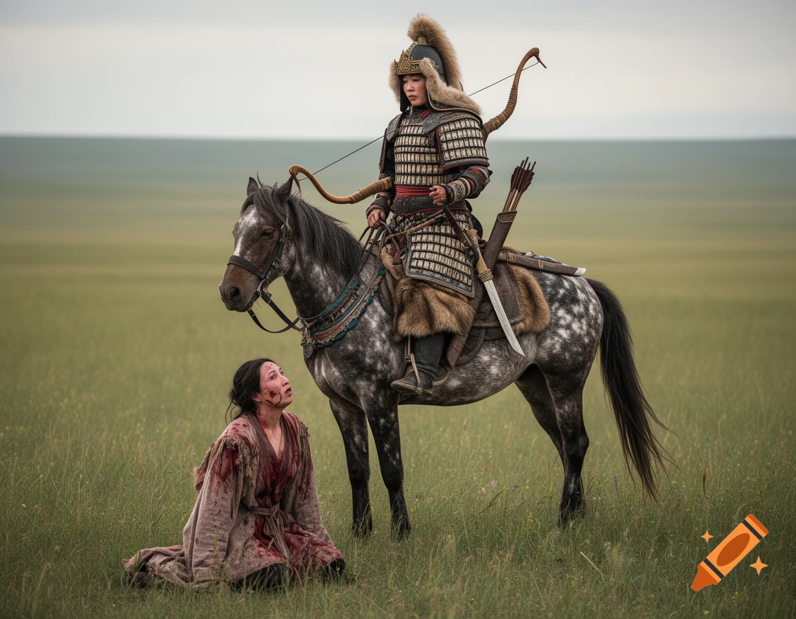 A female Mongolian warlord in lamellar armor rides a dappled horse, looking down at a bloodied, kneeling woman in a grassy field.