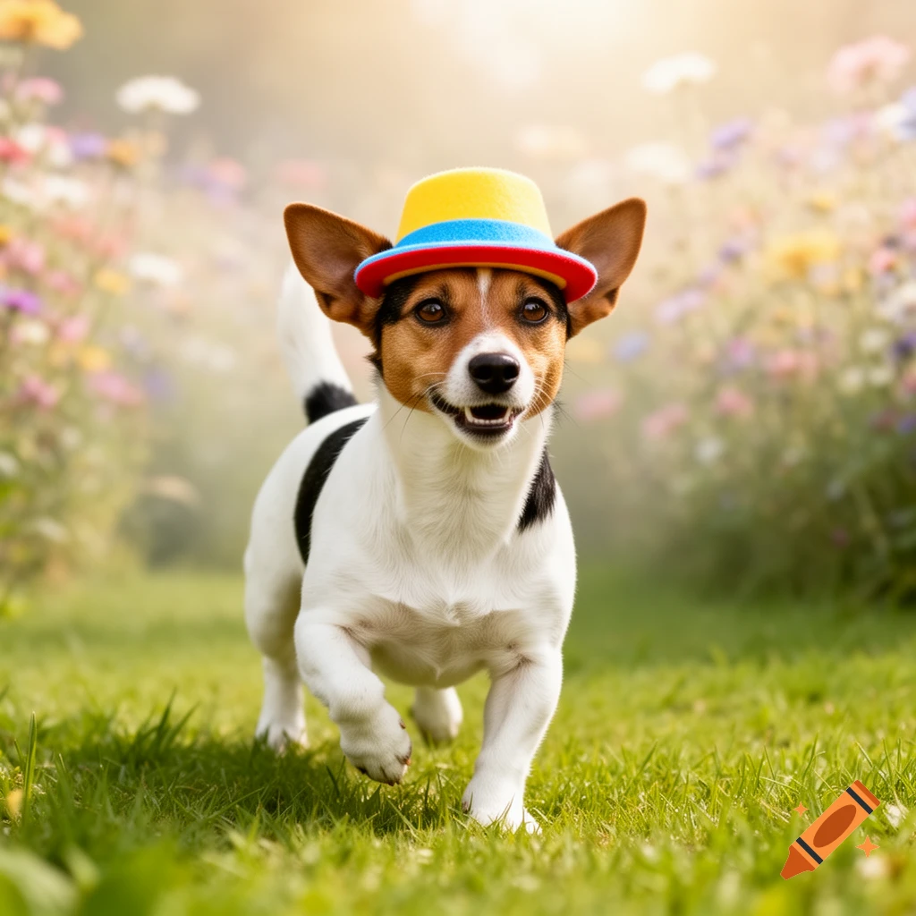 A Jack Russell Terrier wearing a yellow and red hat runs through a sunny green field with blurred wildflowers.