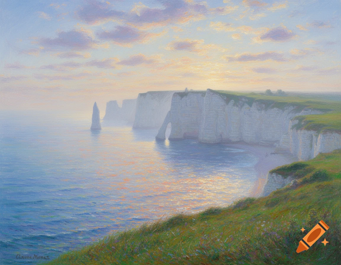 Impressionistic painting of Etretat cliffs with a natural arch and needle rock, calm sea reflecting pastel sky at dawn.
