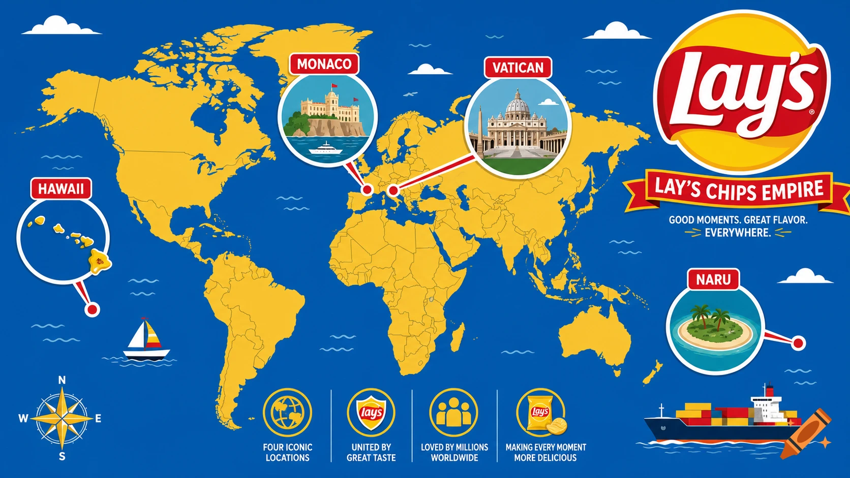 An illustrated world map in blue and yellow showing Lay's 'Chips Empire,' highlighting Hawaii, Monaco, Vatican, and Naru, with the Lay's logo and slogan.