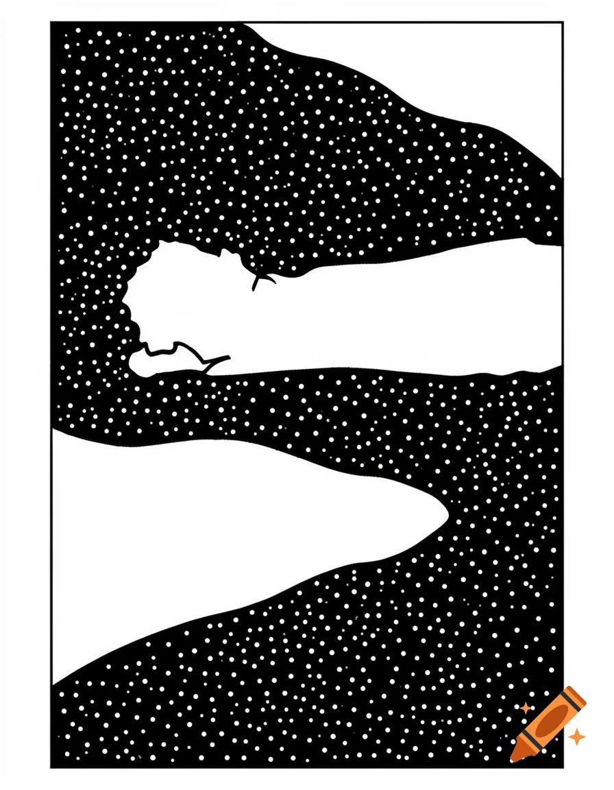 A black and white monochrome illustration featuring wavy black shapes filled with small white dots, against a clean white background.
