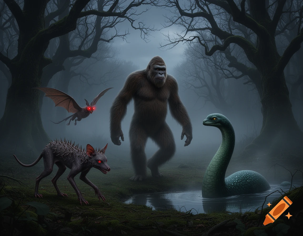 Bigfoot, a sea serpent, a spiked dog-like creature, and a winged creature in a dark, foggy forest.