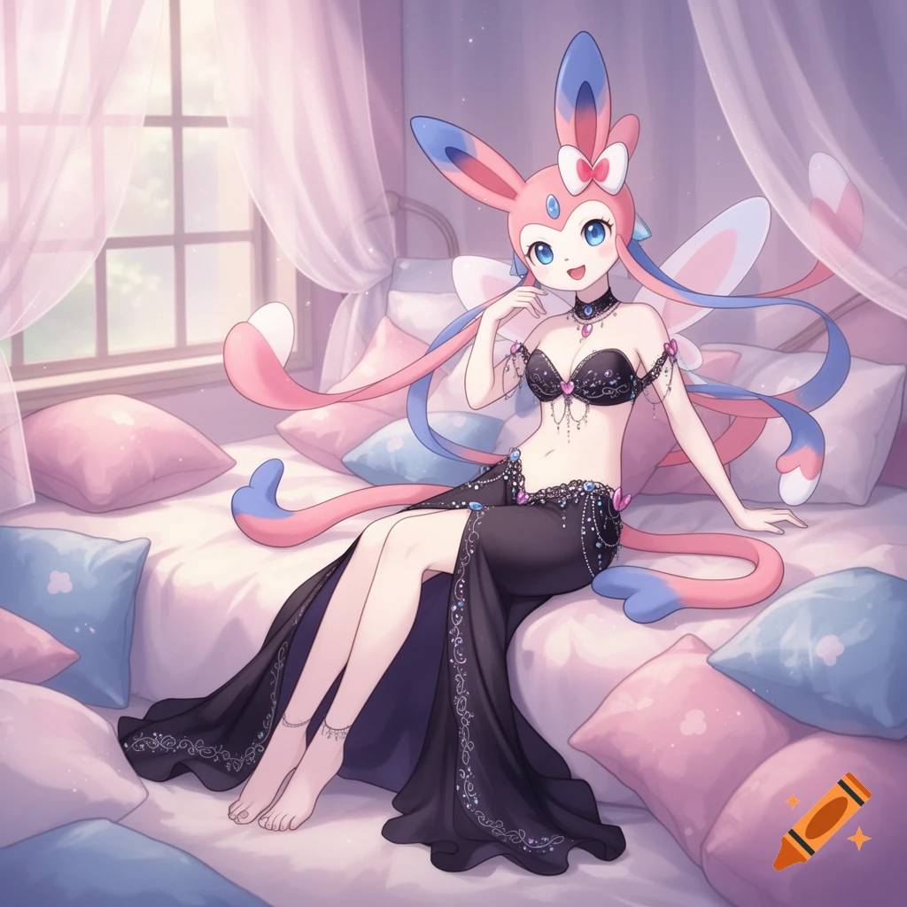 Anime Sylveon in a black belly dancer outfit with a floor-length skirt, sitting on a bed with pink and blue pillows.