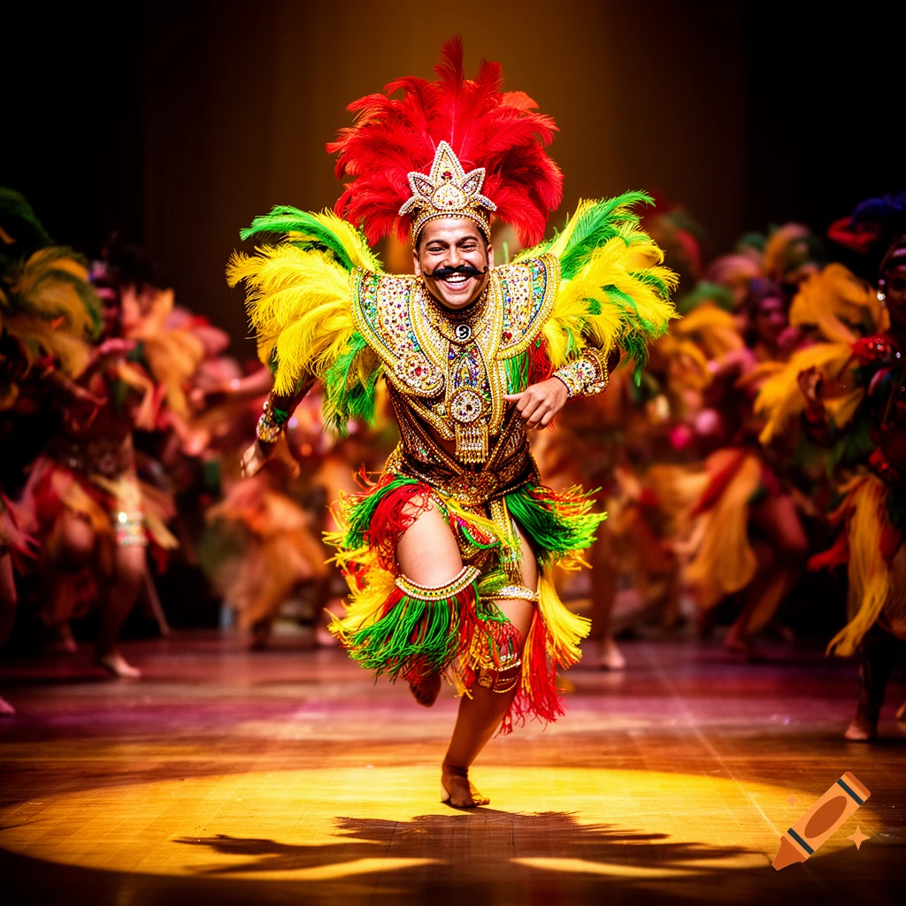 A smiling male samba dancer in a vibrant red, yellow, and green feathered costume with a jeweled crown and a theatrical mustache, performing on a spotlighted stage.