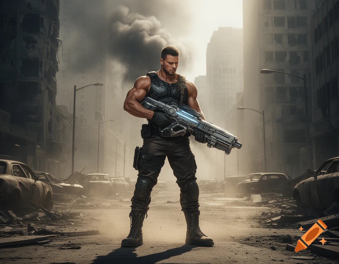 Muscular man in tactical gear holding a large sci-fi rifle, standing in a desolate, destroyed city street under a hazy sky.