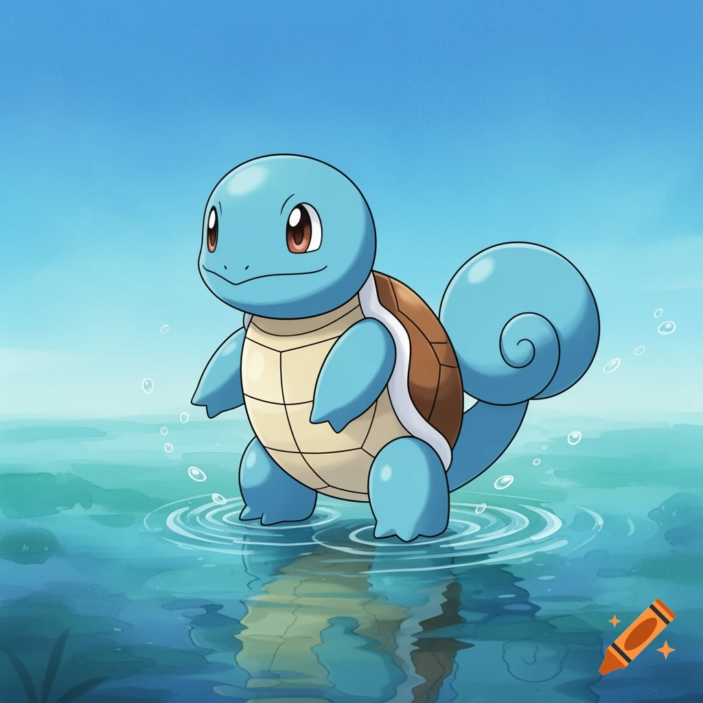 A blue cartoon turtle Pok 00e9mon, Squirtle, with a brown shell, stands in shallow blue water with ripples.
