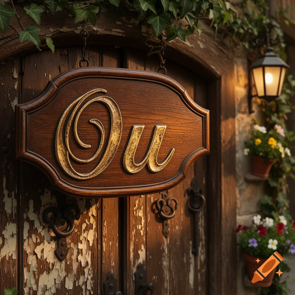 A rustic wooden sign with 'Ou' in gold script hangs on an old door adorned with ivy, a lit lantern, and potted flowers.