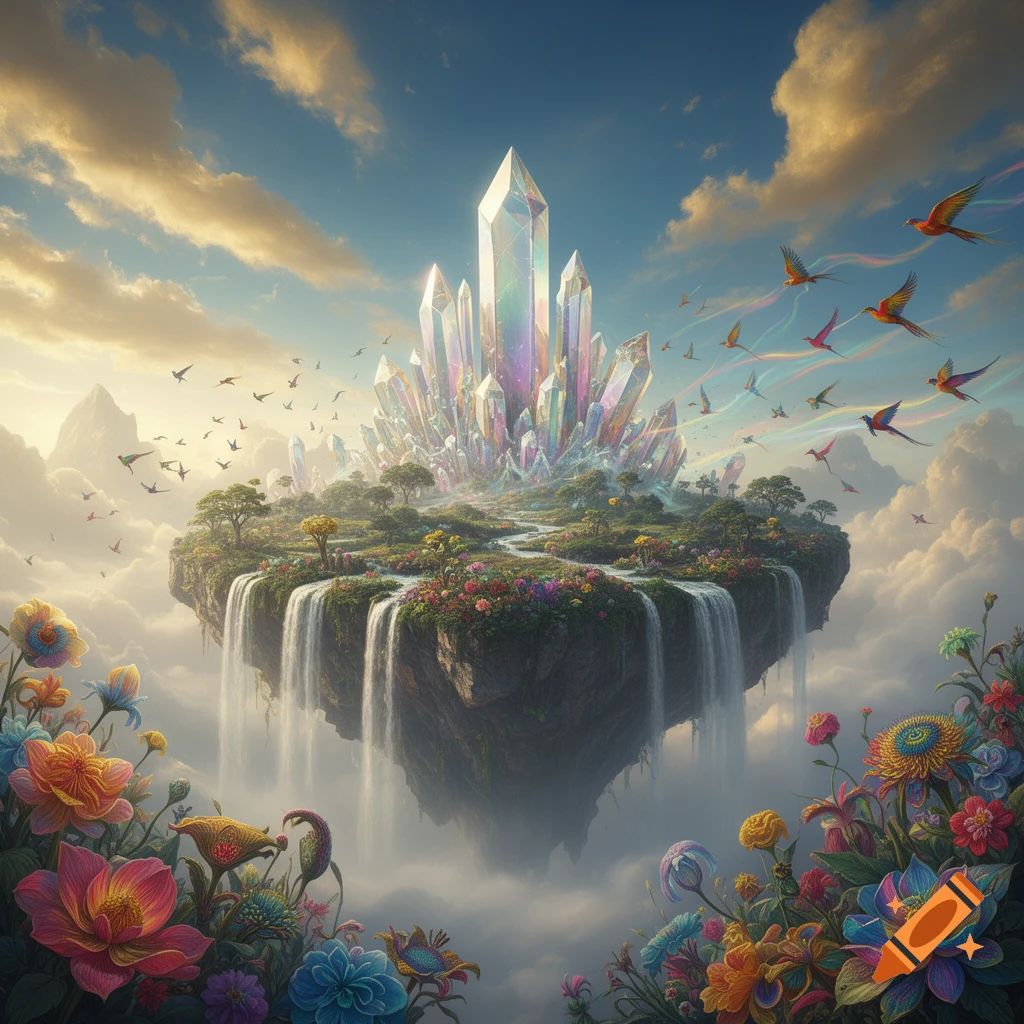 A vibrant fantasy landscape featuring a floating island with crystal peaks and waterfalls, colorful birds with rainbow trails, and large, detailed flowers.