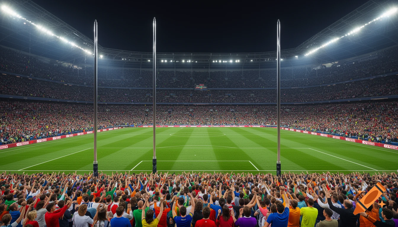 An illuminated football stadium at night, packed with a vibrant, cheering crowd, focused on the green field with three tall goalposts.