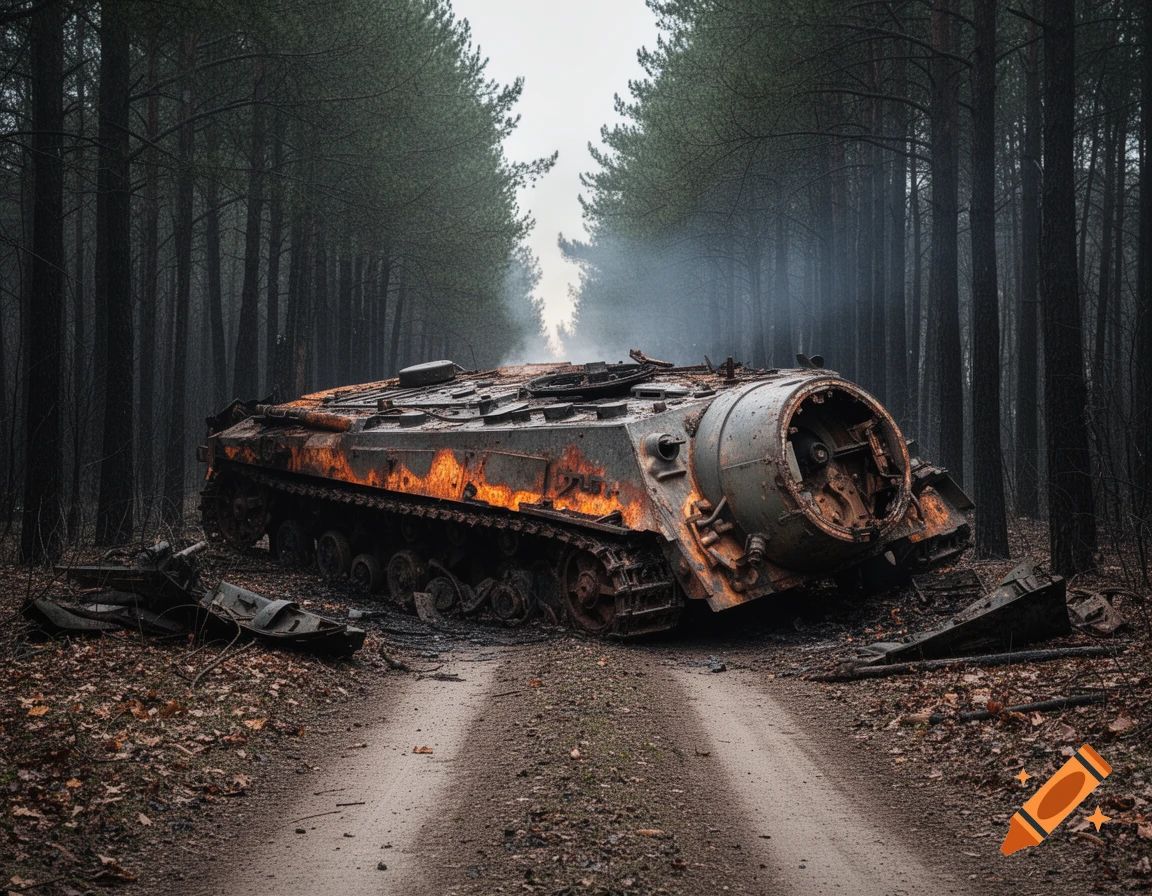 A destroyed, burning tank lies on its side, blocking a dirt road in a dark, misty forest.