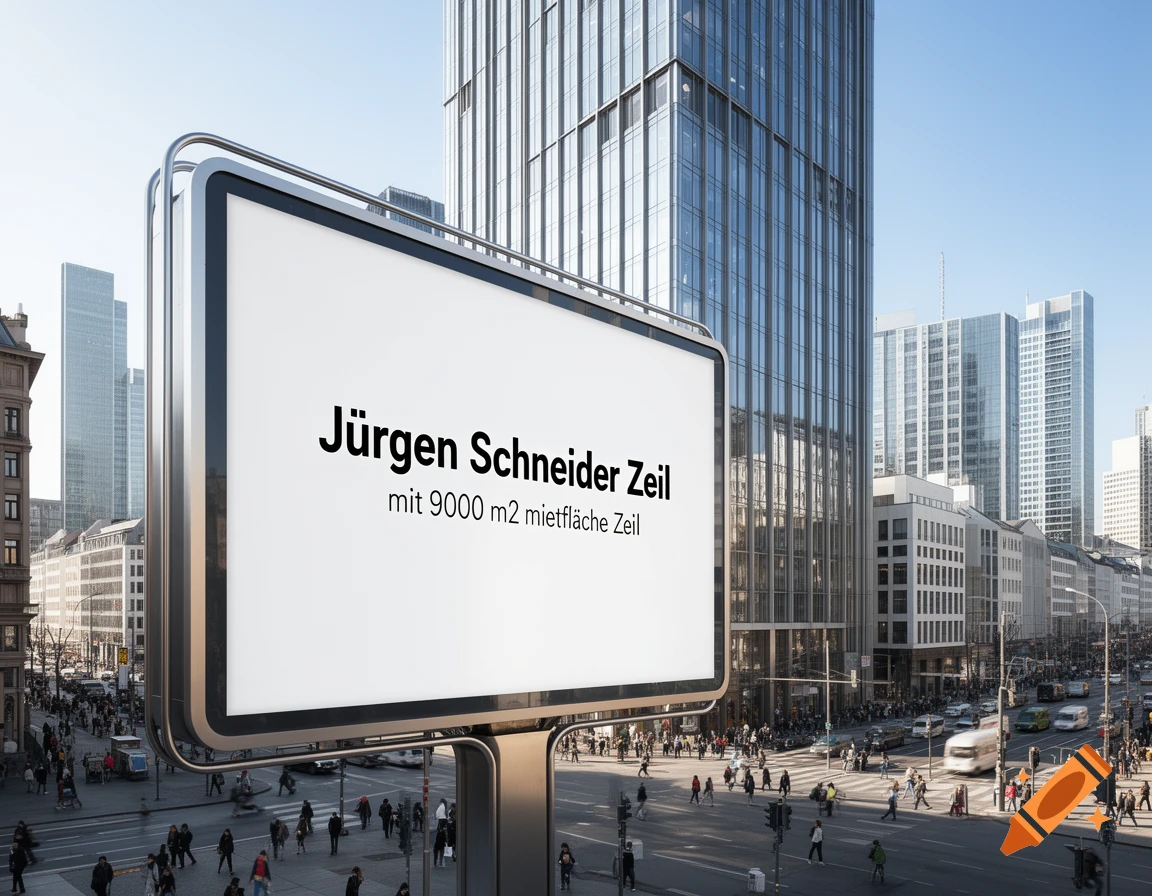 A large billboard displays text in a bustling city street with modern skyscrapers and pedestrians under a clear sky.