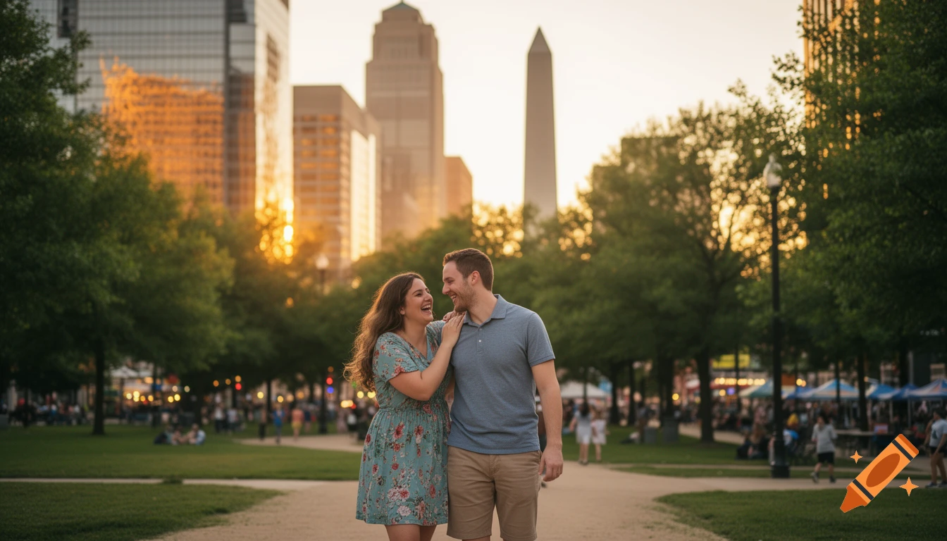 A photorealistic image of a laughing couple walking through a city park at sunset, with a golden-lit skyline in the background.