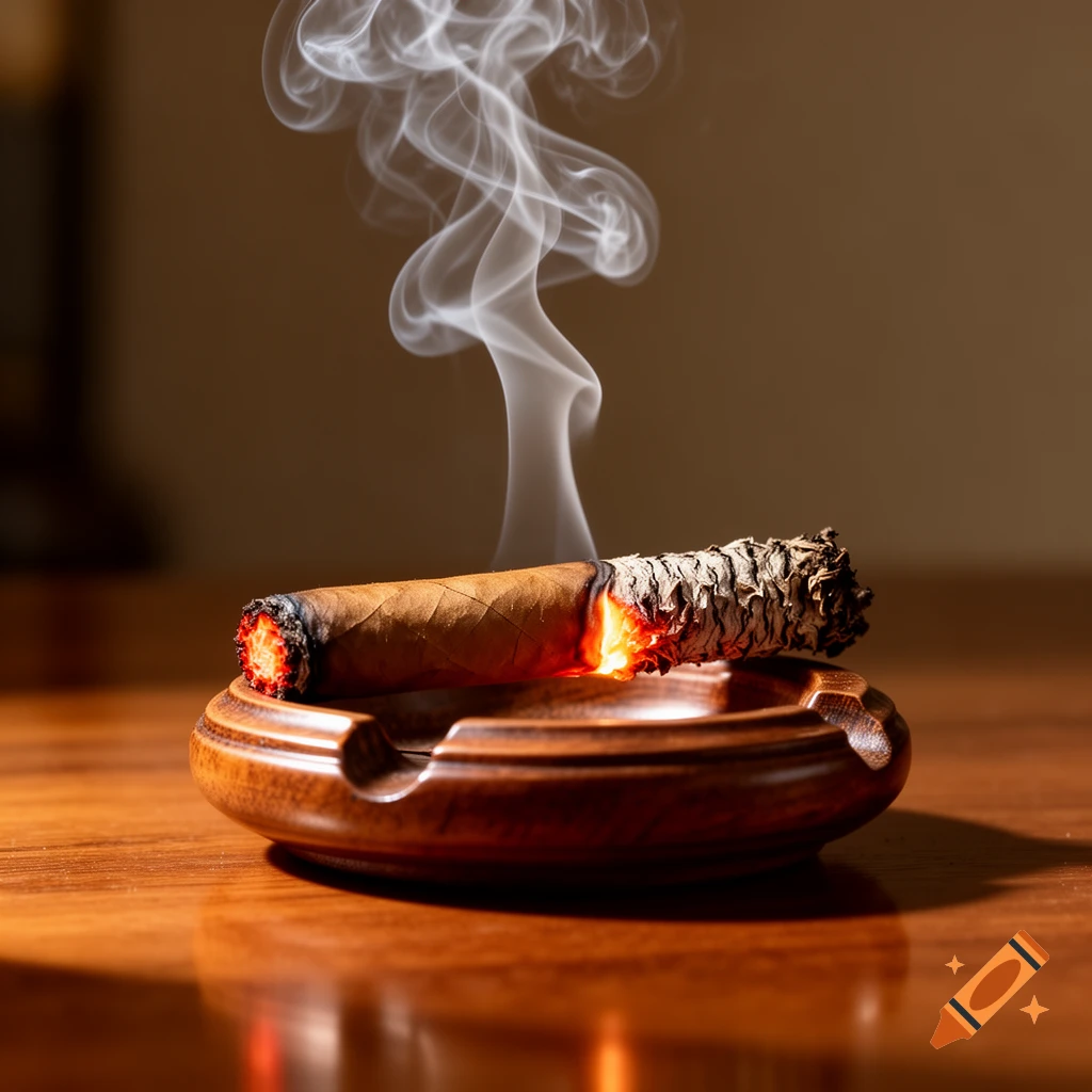 A lit cigar with a glowing ember and white smoke rising, resting in a wooden ashtray on a polished table.