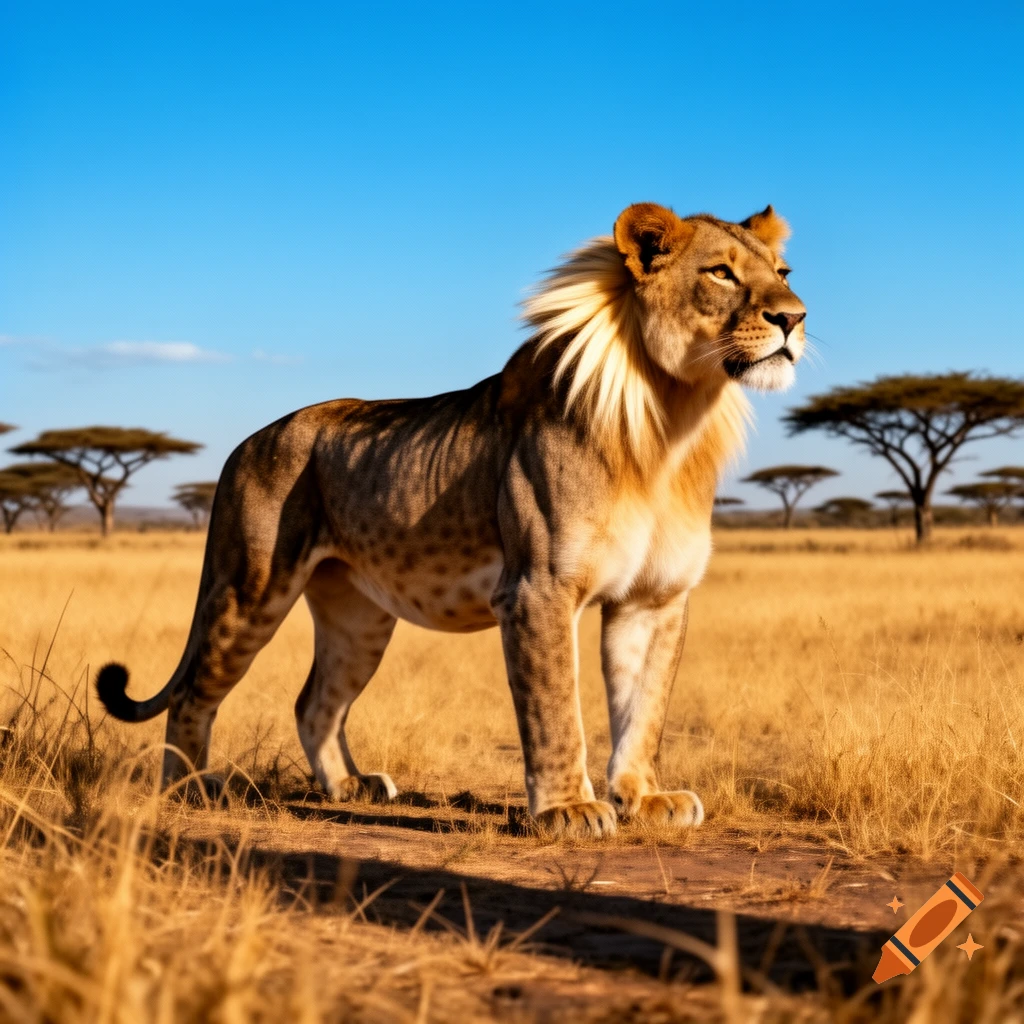 A majestic lion stands alert in a sunny, dry savanna with acacia trees under a clear blue sky, looking to the right.