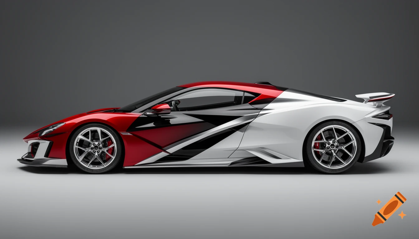 Side view of a modern red, black, and white sports car on a gray background.