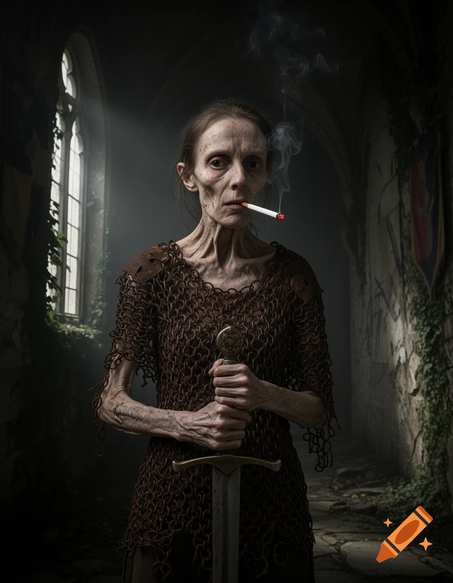 A gaunt woman in rusty chain mail holds a sword and smokes a cigarette in a dark, ruined castle.