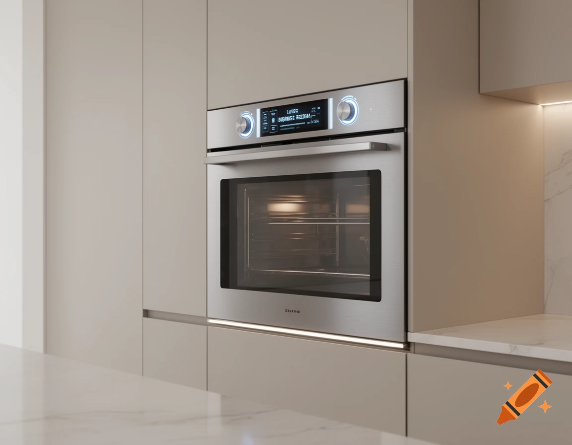 A modern stainless steel oven integrated into light beige kitchen cabinetry with a marble countertop.