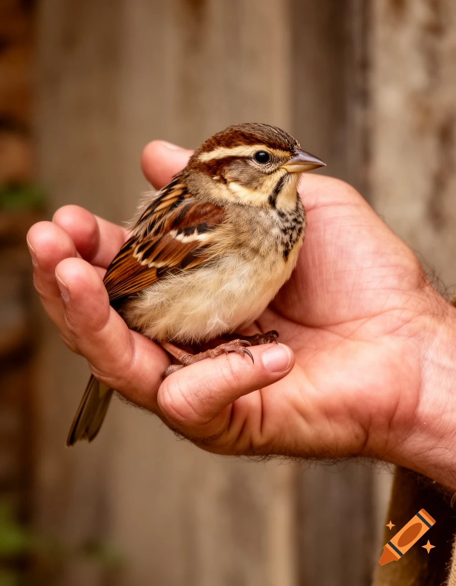 A person's hand gently cradling a small, brown-patterned song sparrow.