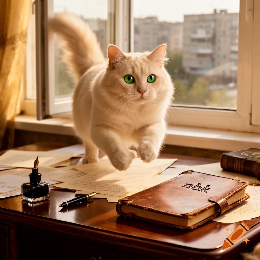 A fluffy cream-colored cat with bright green eyes jumps over papers on a wooden desk, with an inkwell and a notebook, against a window overlooking a city.