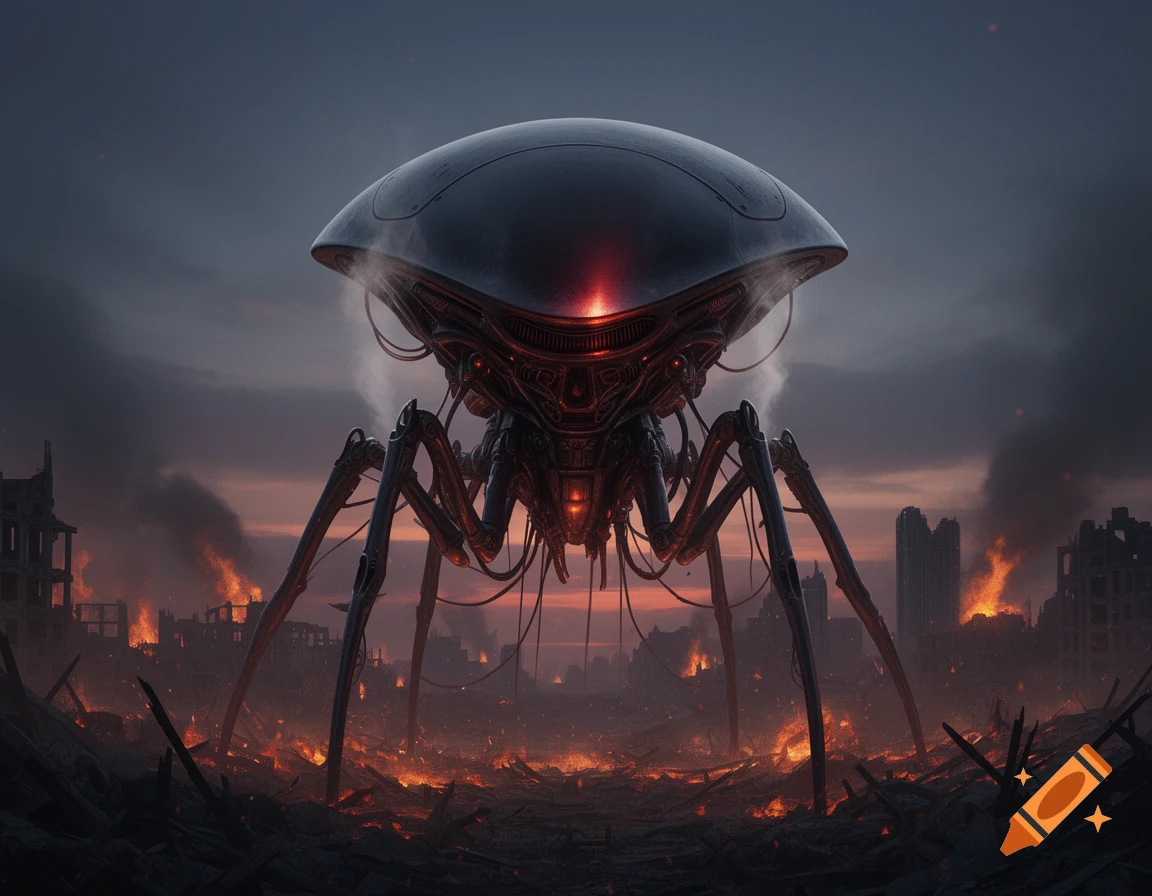 A massive, dark, alien tripod machine stands ominously over a burning, ruined city at dusk, with a red glow on its body.