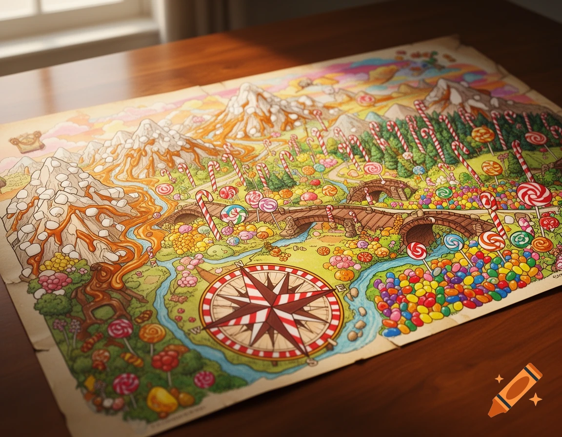 A vibrant, colorful Candyland map with marshmallow mountains, caramel rivers, lollipop trees, and candy bridges.